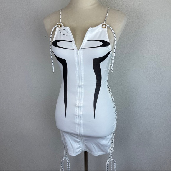 Kollyy White Mini Strap Up Full Zip Dress Lace Up Sides Cyber Rave Festival Alt - Picture 1 of 10